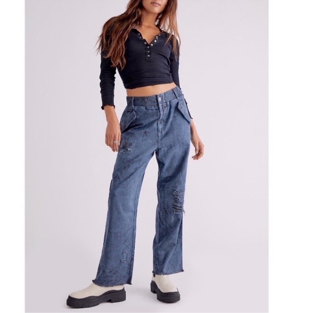 Free People Distressed Unique Tie Dye Pants in Blue and Black
